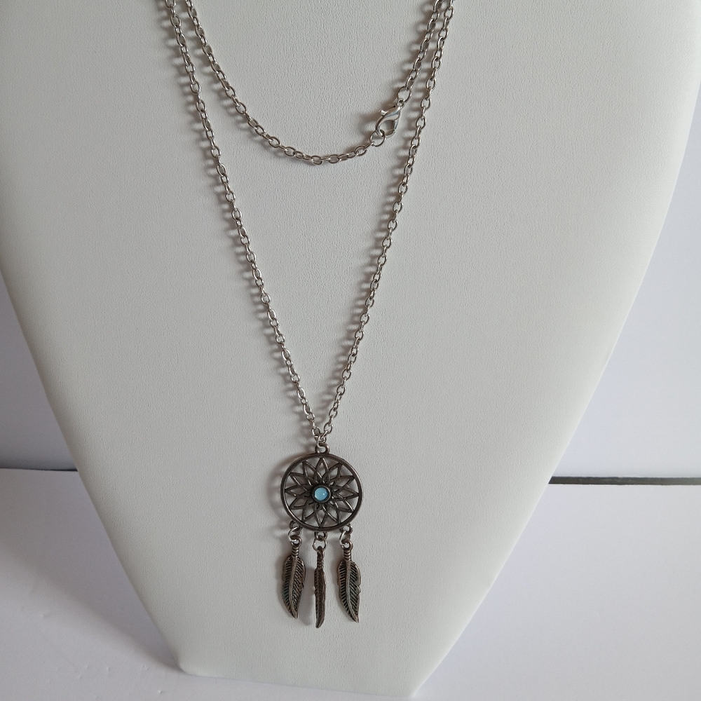 Southwestern Simulated Faux Turquoise Stone Dreamcatcher Feathers 28" Necklace